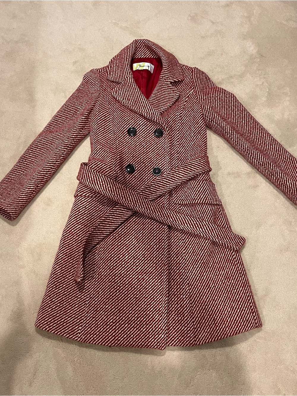 Double-Breasted Red Tweed Belted Trench Coat